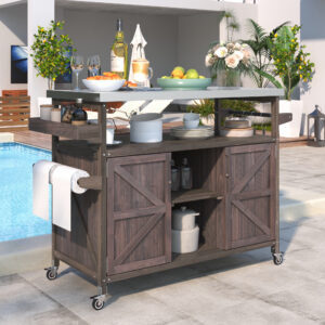 K&K Outdoor Kitchen Island, Rolling Bar Cart & Storage Cabinet, Farmhouse Solid Wood Outdoor Grill Table With Stainless Steel Top, Spice Rack , Towel Rack For Kitchen & Barbecue , Dark Brown
