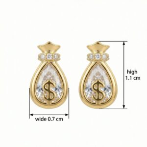 925 Sterling Silver Wealthy Money Bag Stud Earrings Featuring Sparkling Gems and Dollar Sign Symbols