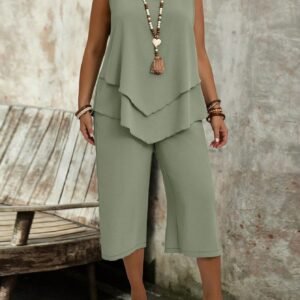 Casual Solid-Colored Sleeveless Top And Cropped Pants Two-Piece Set