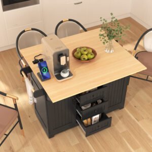 K&K 55.7 Large Kitchen Island With 2 Drop Leaf,, Rolling Kitchen Cart On 5 Wheels With Power Outlet, Folding Storage Dining Table With Spice & Towel Rack , 3 Drawers, For Kitchen, Dining Room,Black