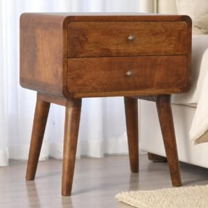 Solid Wood Curved Chestnut Bedside, 2 Drawers, Dark Brown