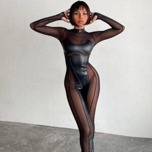 Spliced Mesh Sheer Long-Sleeve Sexy Bodycon Black Jumpsuit