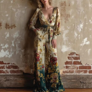 Sexy Deep V-Neck Lantern Sleeve Retro Print Lace-Up Wide-Leg Jumpsuit