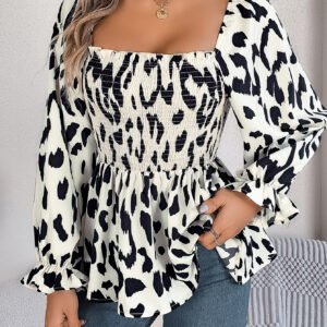 Women's Casual Ruffle Trim Square Neck Leopard Print Long Sleeve Chiffon Top