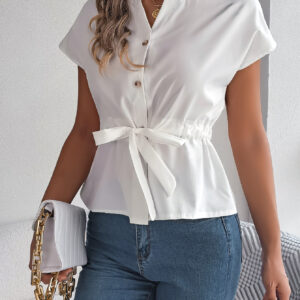 Women Casual Solid Color Button Drawstring Short Sleeve Shirt Top