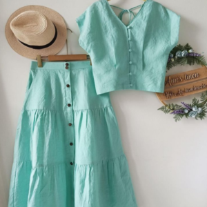 Gentle Style V-neck Button-down Sleeveless Top And High-waisted Skirt Set For Women