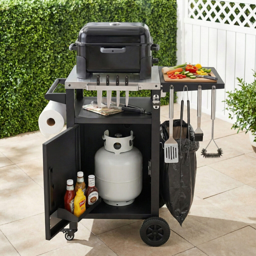 K&K 33.9 Outdoor Grill Cart With Drop Leaf, Outdoor Metal Bar Cart Pizza Oven Table With Wheels, Stainless Steel Top, Outdoor Kitchen Island With Storage Cabinet & Spice & Paper Rack For BBQ, Waterpr