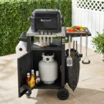 K&K 33.9 Outdoor Grill Cart With Drop Leaf, Outdoor Metal Bar Cart Pizza Oven Table With Wheels, Stainless Steel Top, Outdoor Kitchen Island With Storage Cabinet & Spice & Paper Rack For BBQ, Waterpr