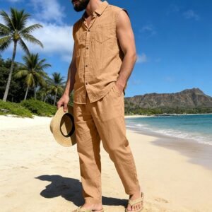 Mens Loose Linen Casual Sleeveless Shirt And Straight-Leg Pants Set