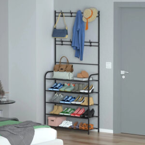 New Coat And Hat Stand 8 Hooks Metal Shoe Rack 5 Tiers Shelf Hanger Black