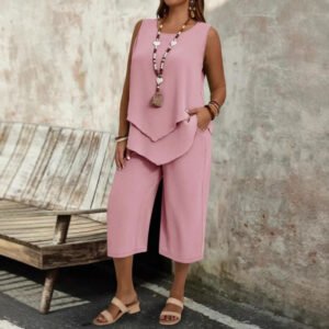 Casual Solid-Colored Sleeveless Top And Cropped Pants Two-Piece Set