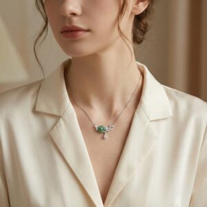 925 Sterling Silver Elegant Silver Necklace Featuring Green Jade Flower and Diamond Butterfly Accents