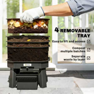 4-Tray Worm Composter Bin, 7.4 Gal Outdoor & Indoor Worm Composter for Recycling Food Waste, Black