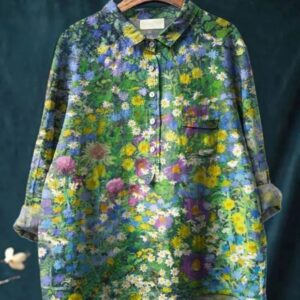 Casual Graffiti Print V-neck Single-button Long-sleeved Shirt