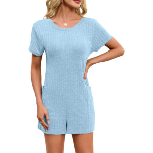 V-neck Loose-fit Pocketed Short-sleeve Jumpsuit Beach Pants Womens