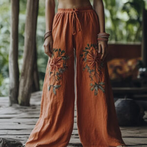 Bohemian Holiday Style Retro Linen Floral Ethnic Totem Print Linen Long Loose Wide-leg Pants