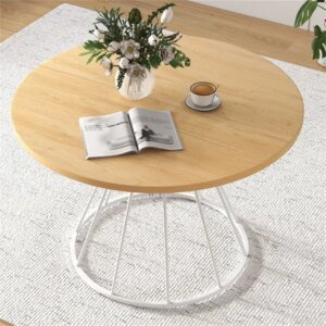Natural 47" Round Dining Table , Family-Sized For 4-6 People, Hourglass Metal Base & Curved Tabletop