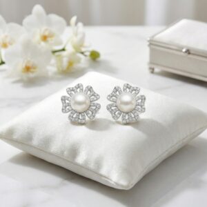 925 Sterling Silver Elegant Pearl and Diamond-Encrusted Floral Openwork Stud Earrings