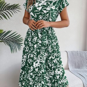 Women's Elegant Floral Print Short Sleeve Flowy Pleated Dress