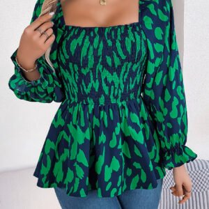Women's Casual Ruffle Trim Square Neck Leopard Print Long Sleeve Chiffon Top