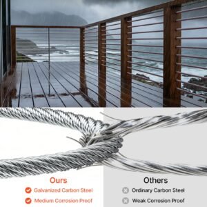 1/4 Inch Wire Rope, 250 Ft Length, Zinc Galvanized Carbon Steel Cable With Gloves, 7000 Lbs Breaking Strength, 7 X 19 Strands Construction, Wire Cable For Deck Railing System, Garden Trellis