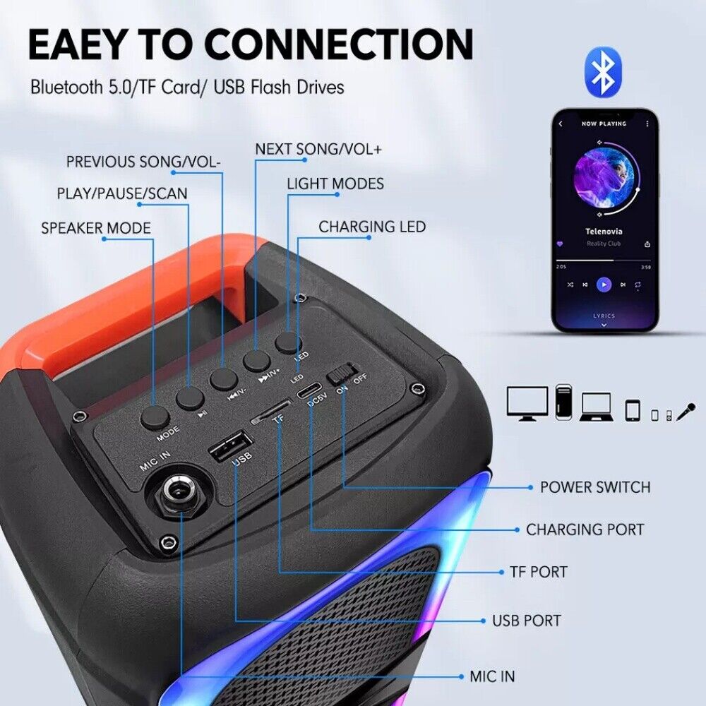 High Bass TWS Wireless Bluetooth Speakers Portable Subwoofer Outdoor Party RGB