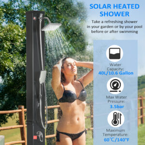 10.6 Gallons Solar Heated Shower with 360 Rotating Rainfall, Handheld Shower Head, Temperature Adjustment & Foot Shower, 2-Section Outdoor Shower for Backyard Poolside Beach Pool Spa, 7ft