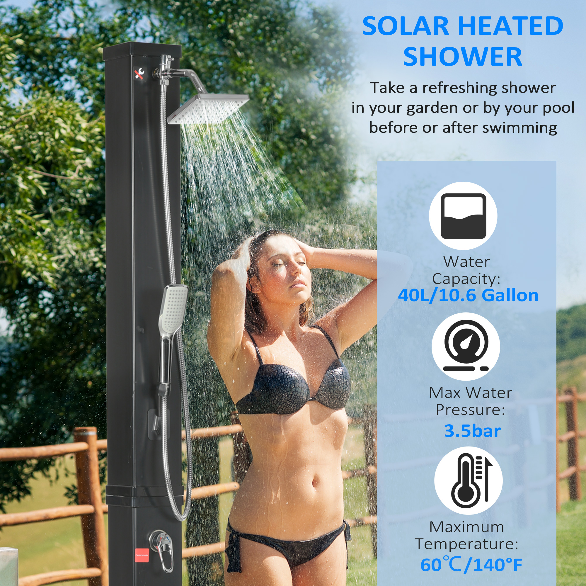 10.6 Gallons Solar Heated Shower with 360 Rotating Rainfall, Handheld Shower Head, Temperature Adjustment & Foot Shower, 2-Section Outdoor Shower for Backyard Poolside Beach Pool Spa, 7ft