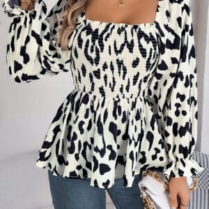 Women's Casual Ruffle Trim Square Neck Leopard Print Long Sleeve Chiffon Top