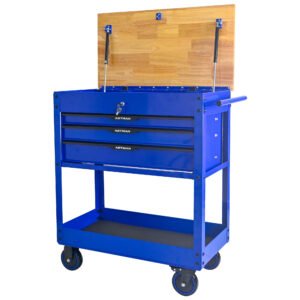 3 DRAWERS MULTIFUNCTIONAL TOOL CART WITH WHEELS AND WOODEN TOP-Blue