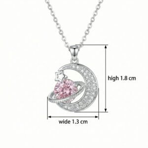925 Sterling Silver Celestial Crescent Moon and Sparkling Pink Planet Silver Pendant Necklace