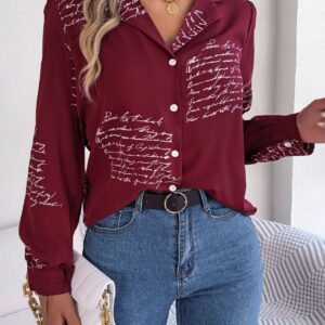 Women's Casual Versatile Letter Print Notched Lapel Long Sleeve Shirt