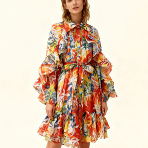 Single-breasted Stylish Tie-waist Collar Long-sleeved Dress