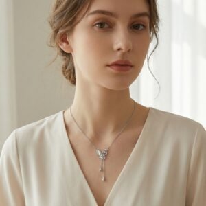 925 Sterling Silver Elegant Silver Butterfly Necklace with Iridescent Wing and Teardrop Charms