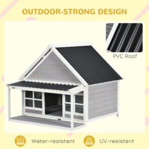Wooden Dog House with Porch, Dog House Outdoor with Tilt Roof, Front Door, Windows for Medium Large Sized Dog
