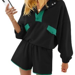 Fisoew Womens 2 Piece Sets Sweatsuits Casual Half Button Color Block Sweatshirts Running Shorts Tracksuits Fall Outfits