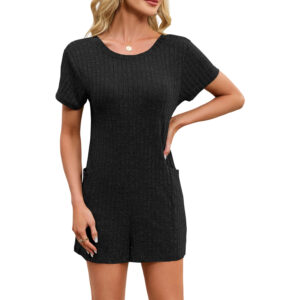 V-neck Loose-fit Pocketed Short-sleeve Jumpsuit Beach Pants Womens