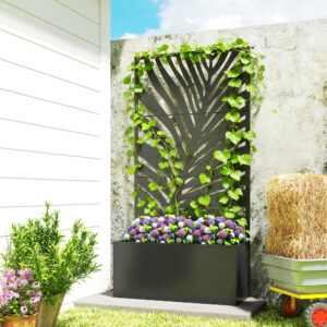 Metal Planter Box with Trellis, Raised Garden Bed with Trellis Large Leaf Cut-Out Privacy Screen for Climbing Plants