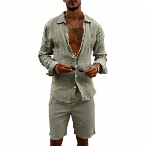 Men's Linen Casual Loose-Fit Long-Sleeve Shirt And Shorts Set