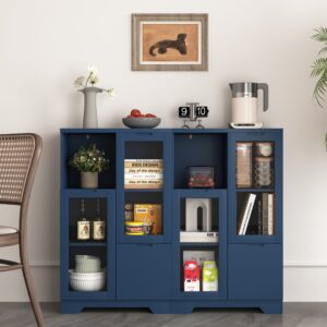 MDF Painted Cabinet With Glass Doors And Drawer, Open Storage Space, Navy Blue ,Bedroom, Living Room