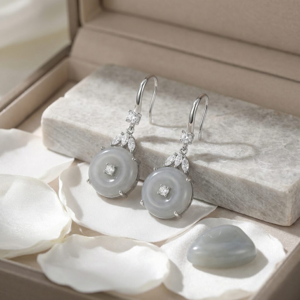925 Sterling Silver Elegant Green Jade Four-Leaf Clover Stud Earrings with Diamond Accents