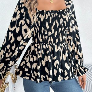 Women's Casual Ruffle Trim Square Neck Leopard Print Long Sleeve Chiffon Top