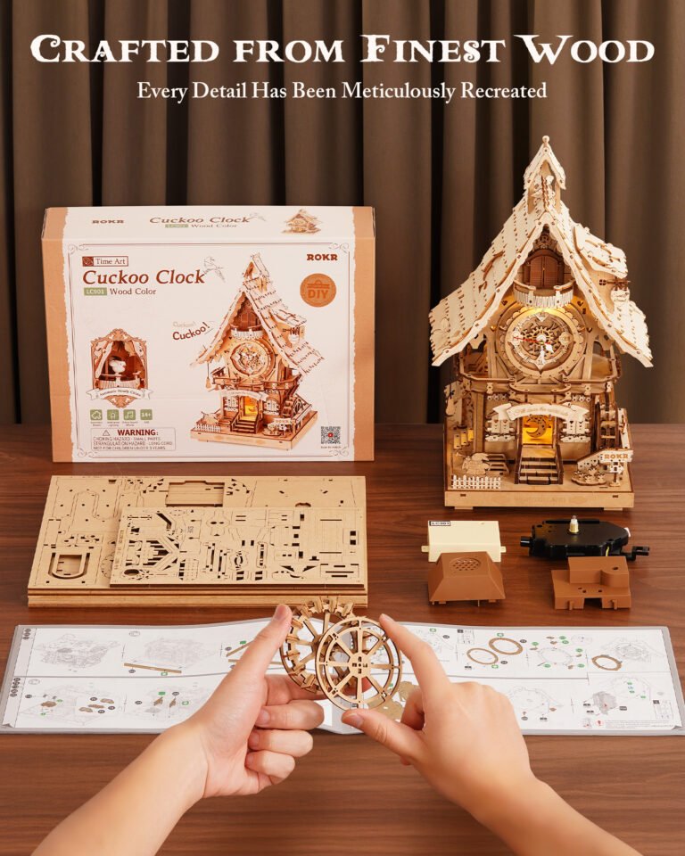 ROKR 3D Wooden Cuckoo Clock Puzzle, A Fun 3D Clock Puzzle Toy With LED Lights And Cuckoo Sounds, 435-piece Mechanical Wall Clock DIY Assembly Set, Suitable For Adults,LC901