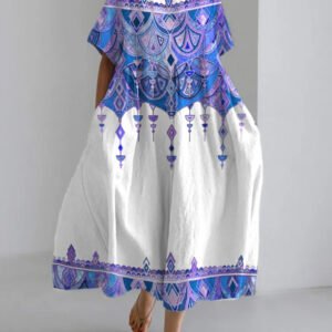Womens Loose Round-Neck Fashionable High-End 3D Printed Dress