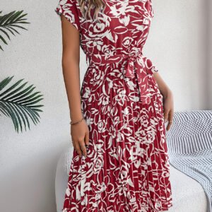 Women's Elegant Floral Print Short Sleeve Flowy Pleated Dress