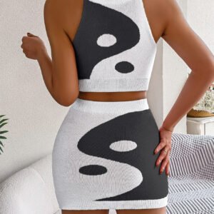 Women Color Block Cropped Top & Bodycon Skirt Knit Set