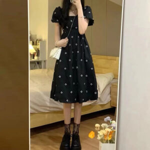 French-style Sweet Square-Neck Black Floral Print Dress