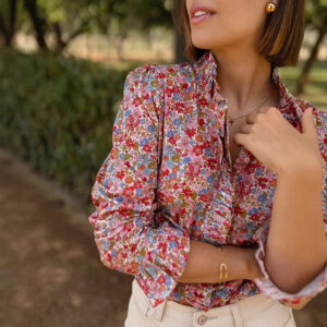 Women's Floral Print Ruffle-trimmed Stand Collar Long-sleeve Shirt