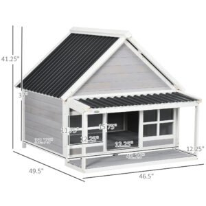 Wooden Dog House with Porch, Dog House Outdoor with Tilt Roof, Front Door, Windows for Medium Large Sized Dog