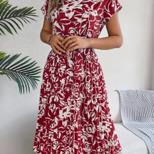 Women's Elegant Floral Print Short Sleeve Flowy Pleated Dress